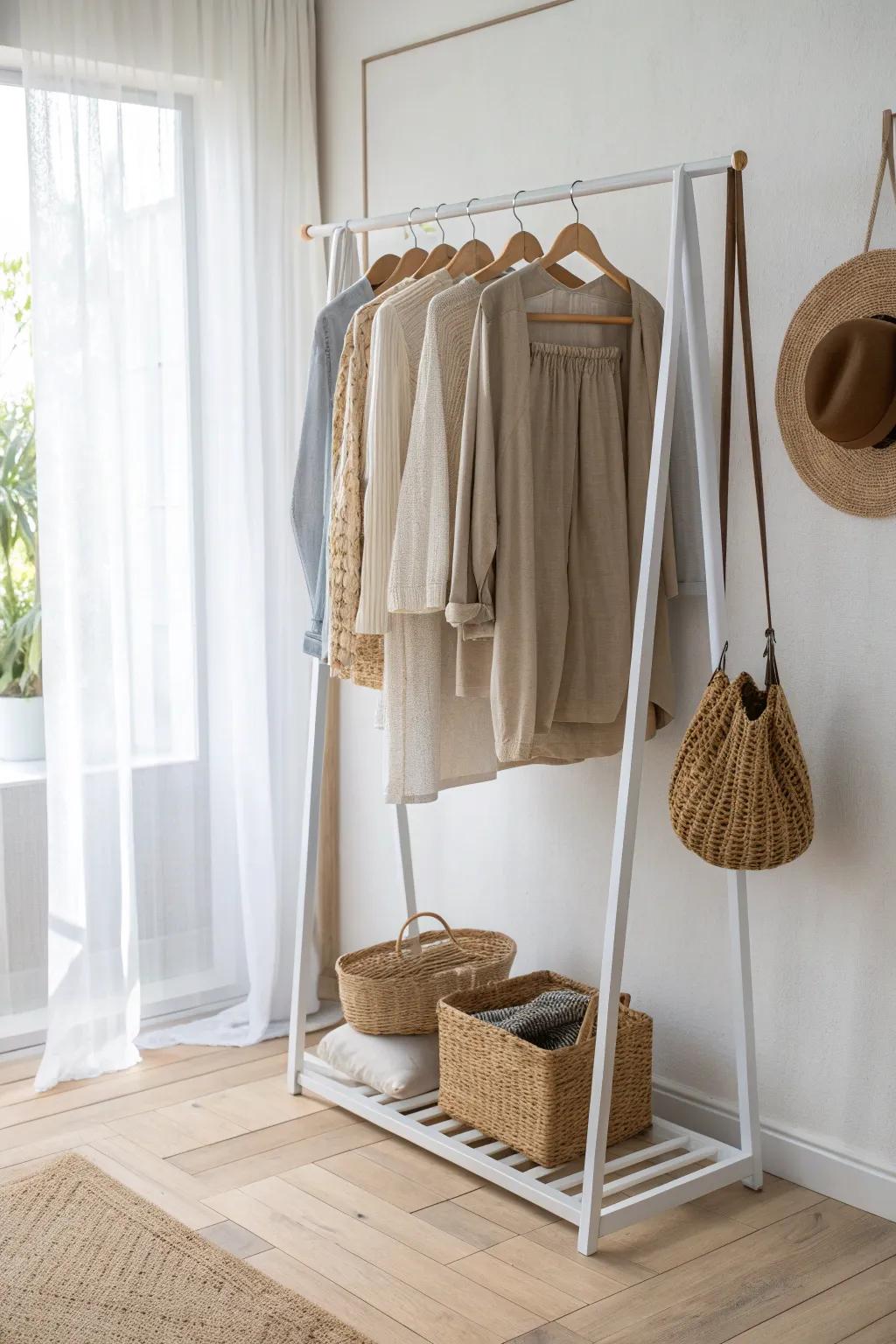 Swap bulky dressers for a slim hanging rail to keep small rooms light and clutter-free.