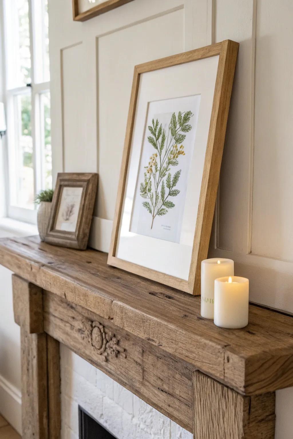 Minimal rustic mantel: one framed print, a candle, and a hint of greenery—calm and airy.