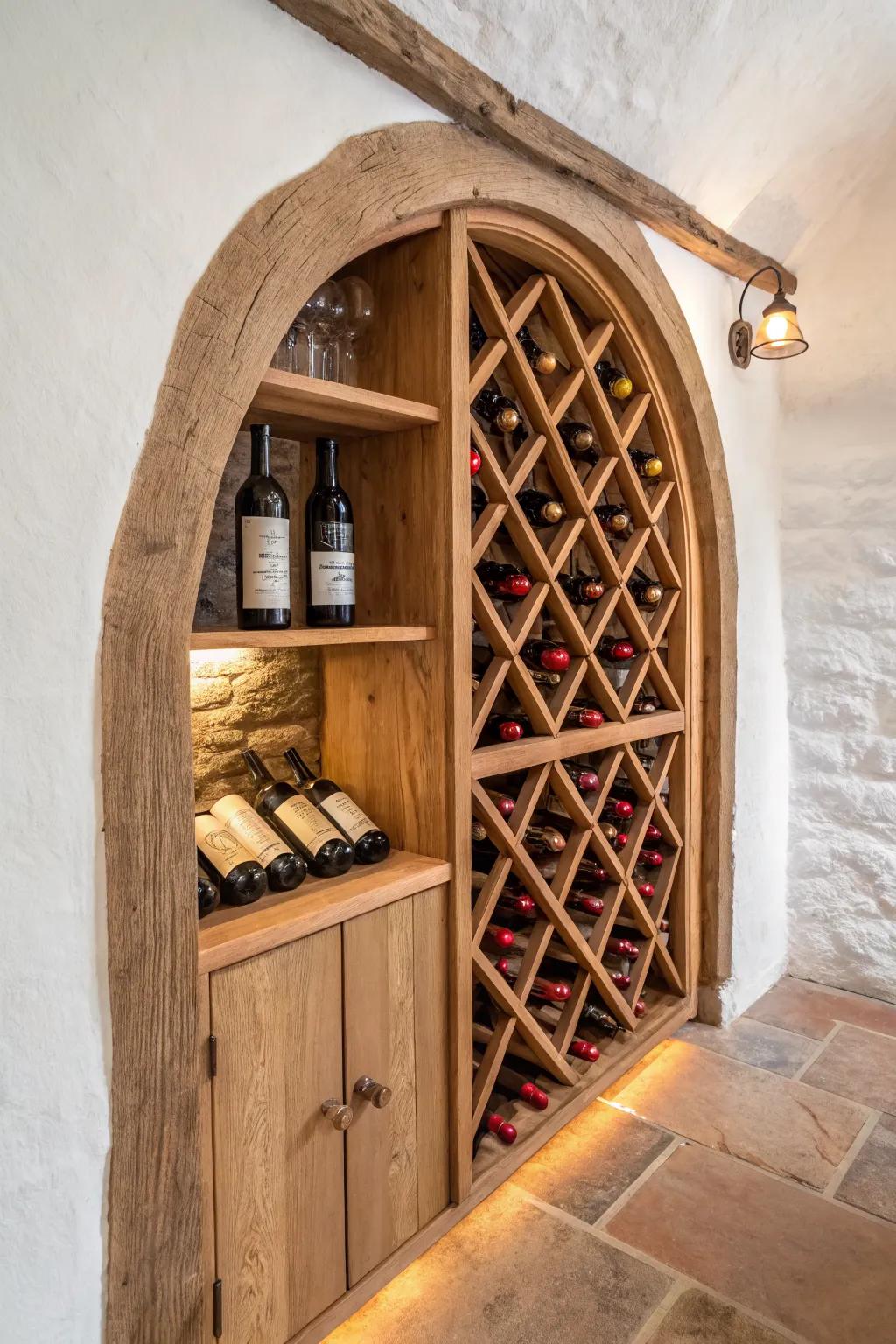 A compact arched wine niche + warm uplighting creates instant old‑world cellar charm.