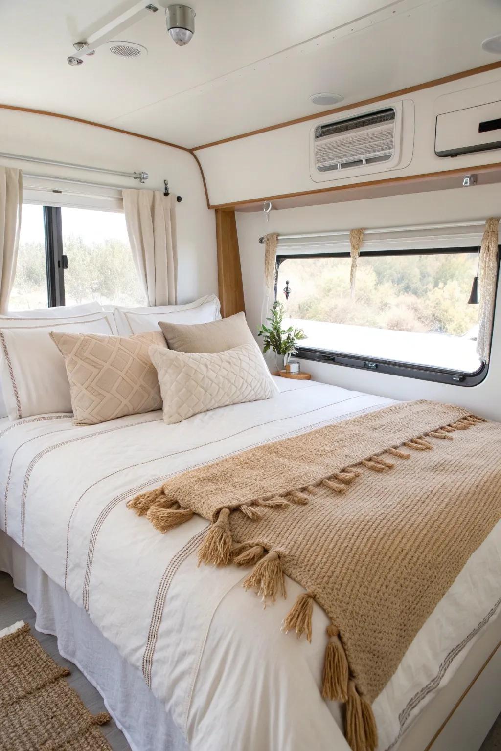 Light-neutral linens make a tiny RV bedroom feel bigger, brighter, and beautifully calm.