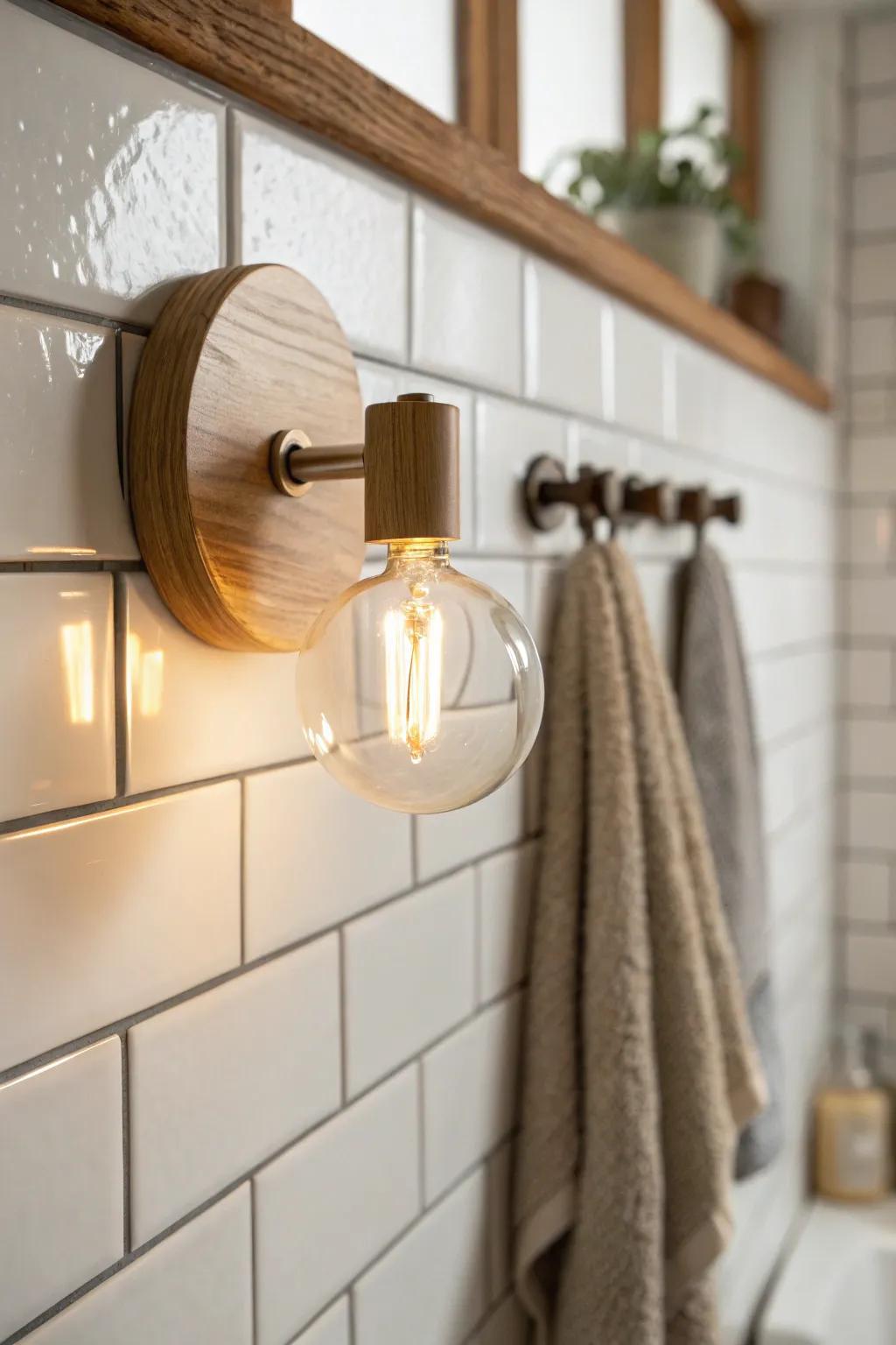 One warm sconce gives a tiny Scandinavian bathroom that cozy hygge, spa-like glow at night.