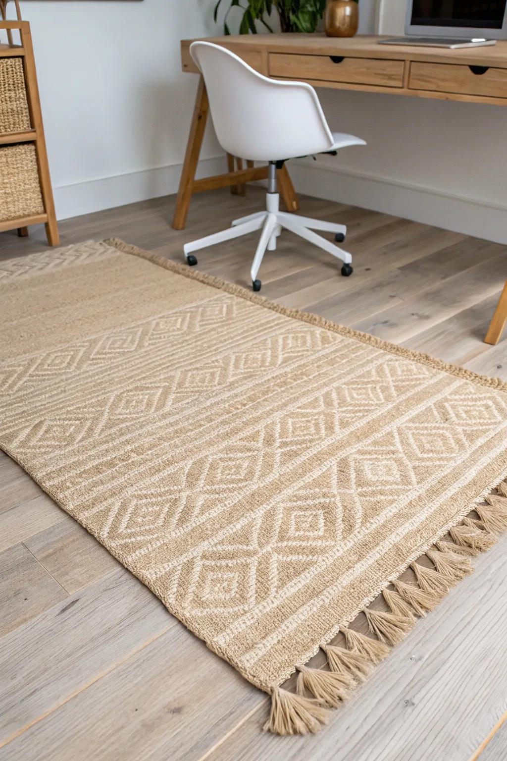 One big, cozy rug turns a small shed office into a warm, finished room—instantly.