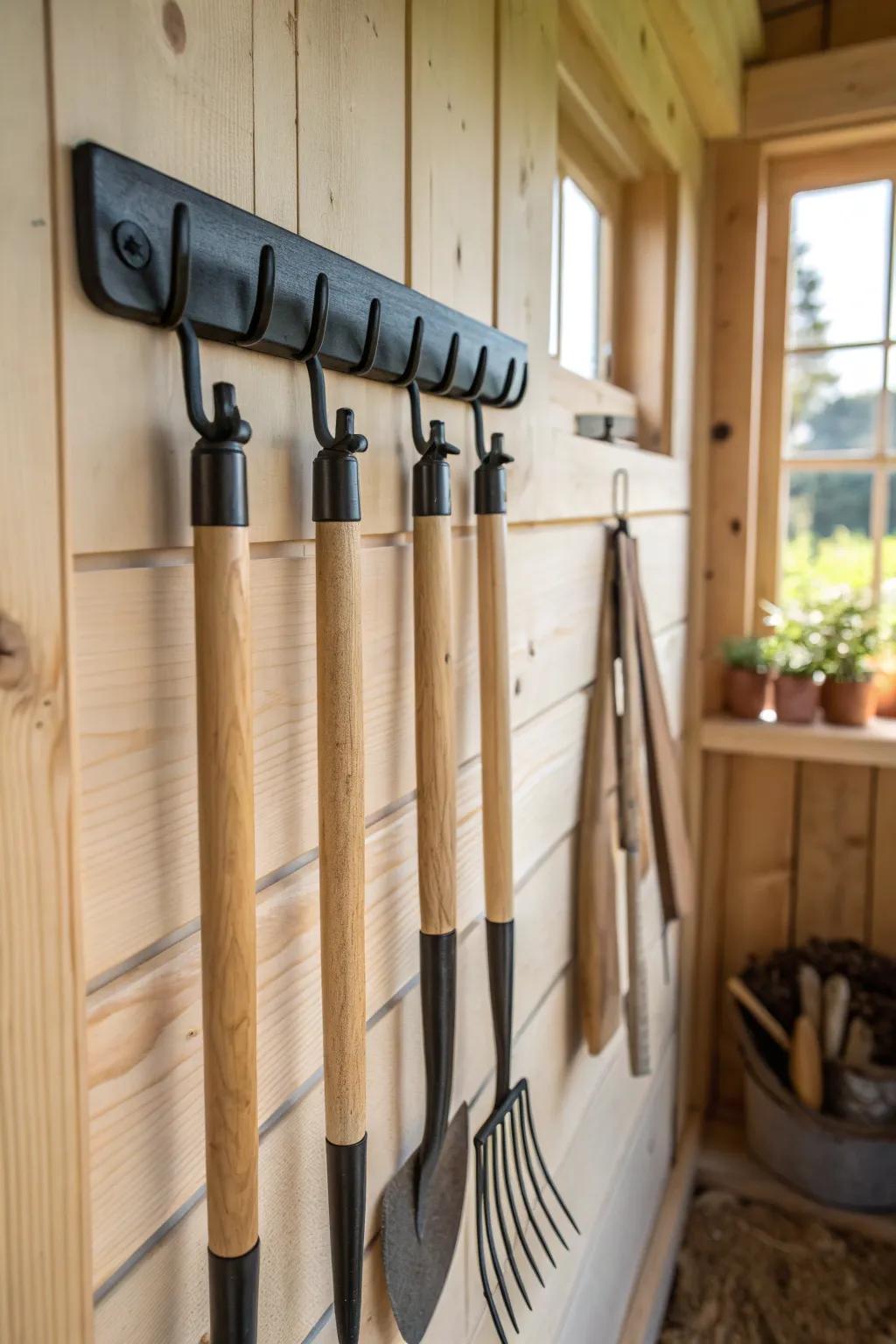 Hang long-handle tools on a slim wall rail to keep your tiny shed aisle clear and calm.