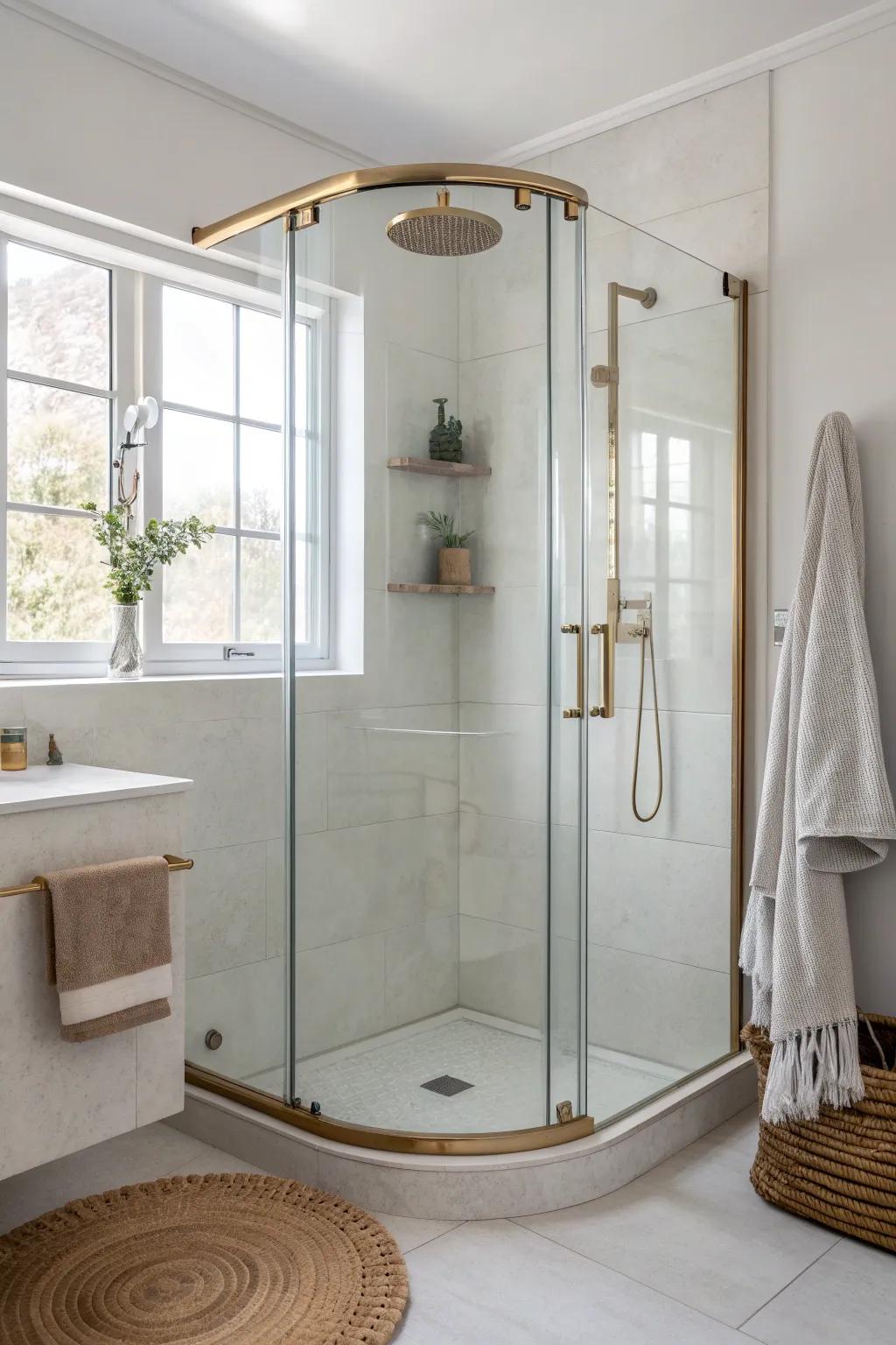 Curved corner sliding glass door—extra elbow room and a luxe look for tiny bathrooms.