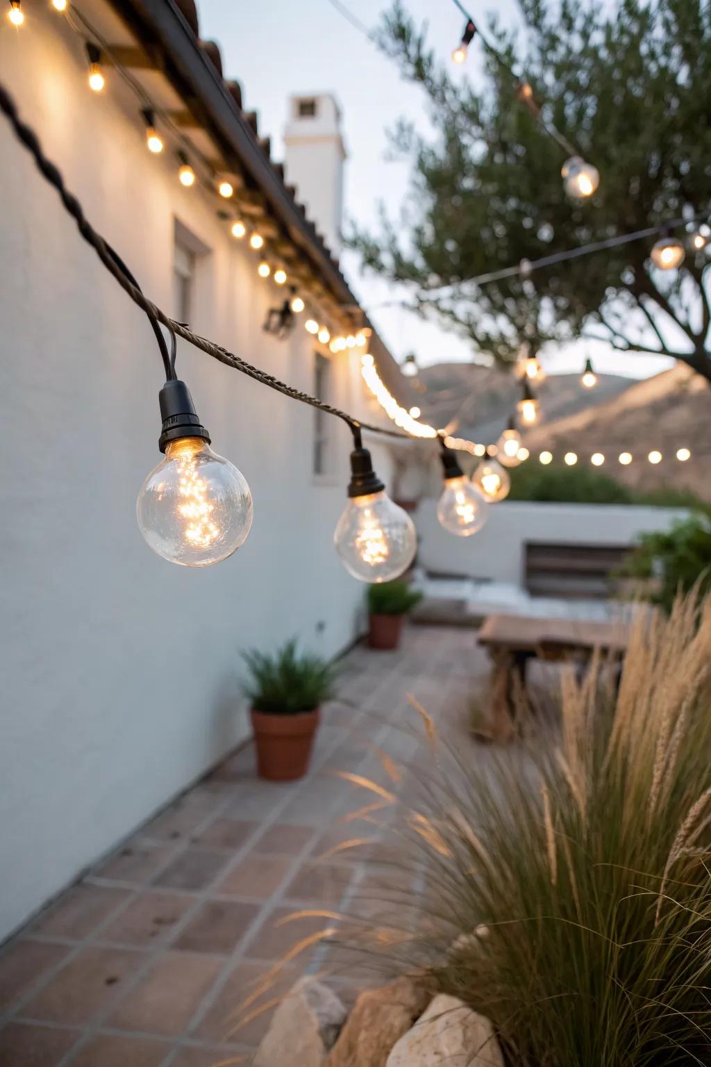 Zigzag string lights turn a narrow side yard into a cozy, room-like patio after dark.