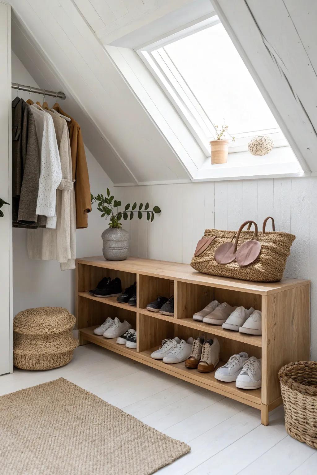 Toe-forward shoe shelves under the eaves turn a slanted attic closet into a boutique.