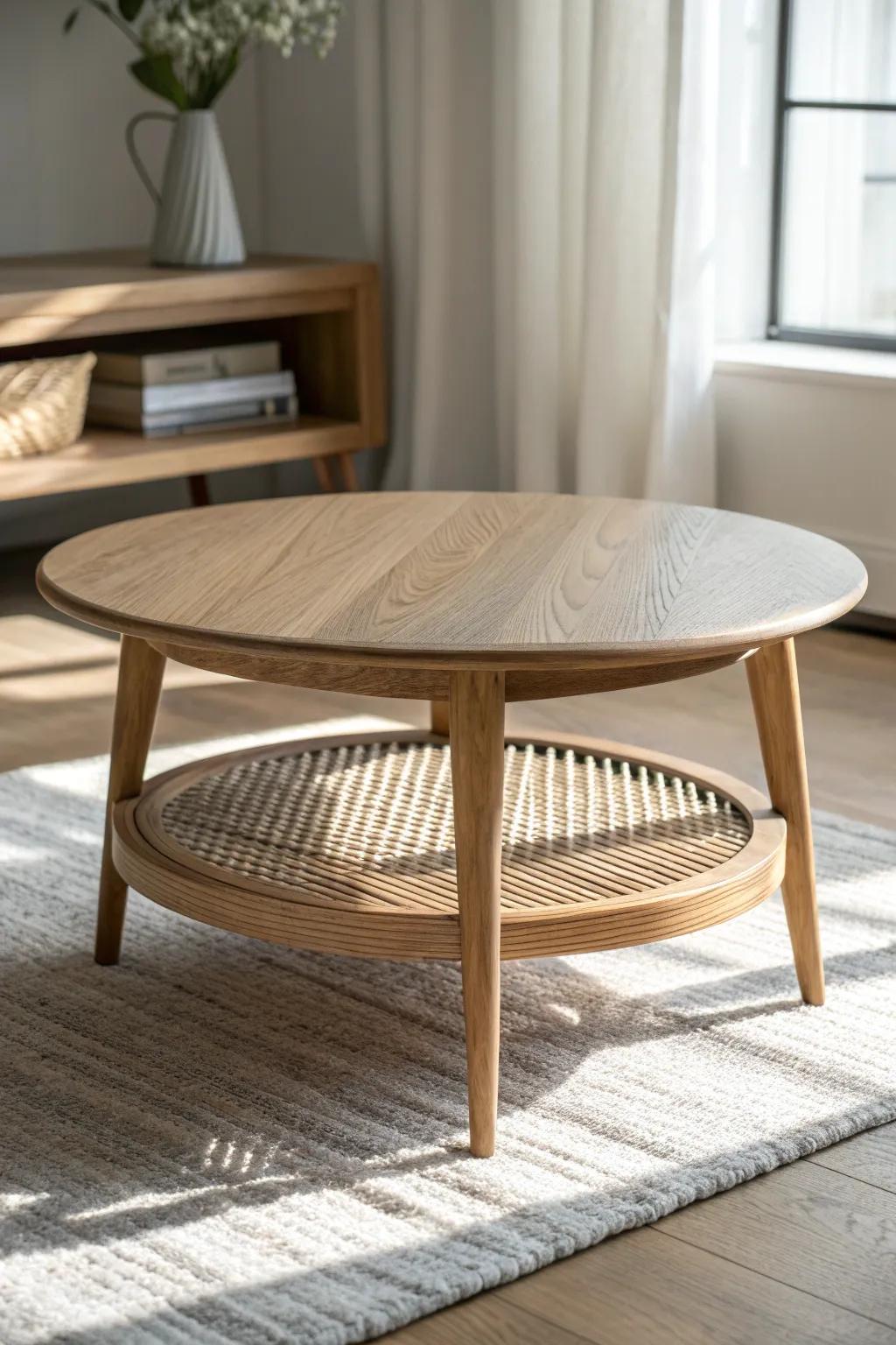 A round coffee table softens tight layouts—smooth pathways, warm wood, and airy minimal style.