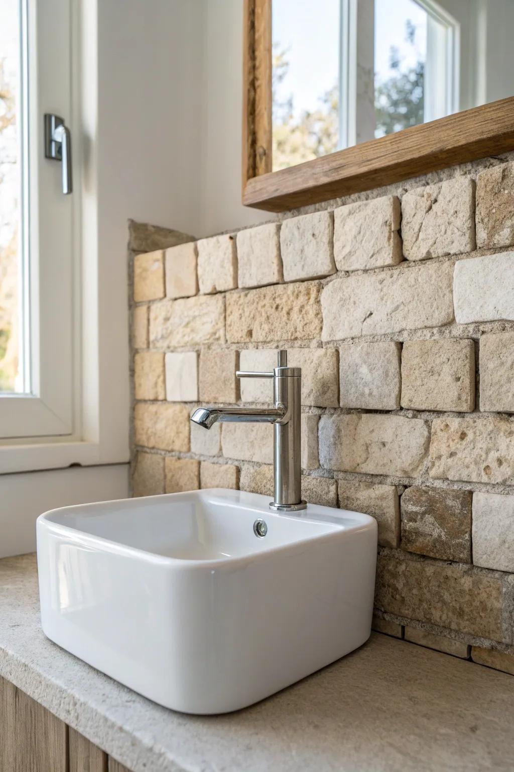 A tiny stone backsplash strip adds texture and polish—perfect for a small sink wall.