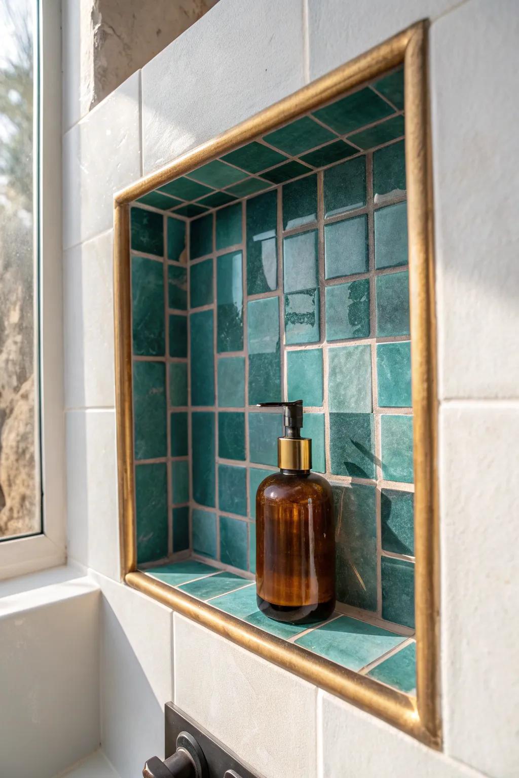 A glossy teal shower niche adds the perfect bold pop—without overwhelming a small bathroom.