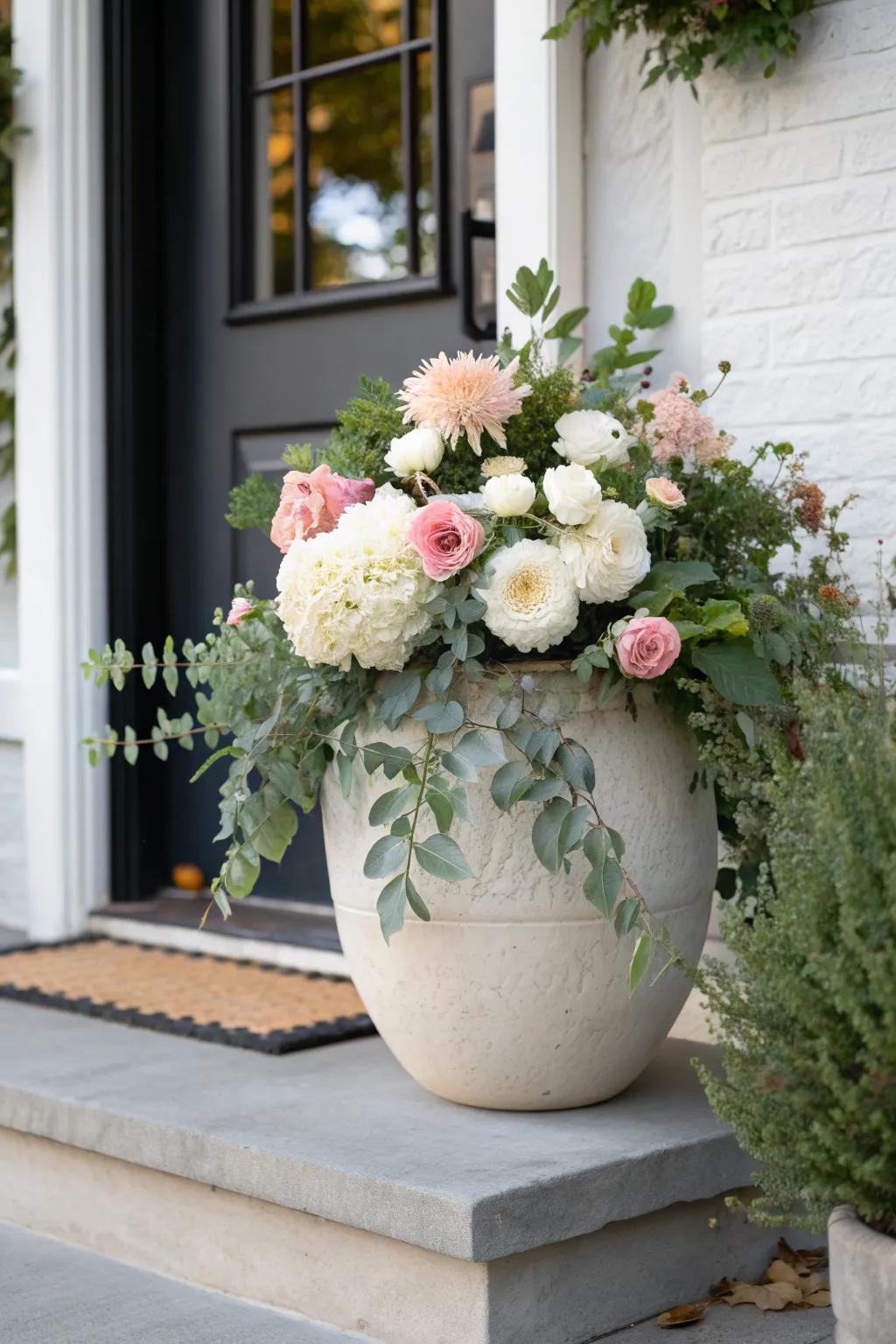 One oversized planter brings instant color to a tiny townhouse entry—simple, Scandinavian, and airy.