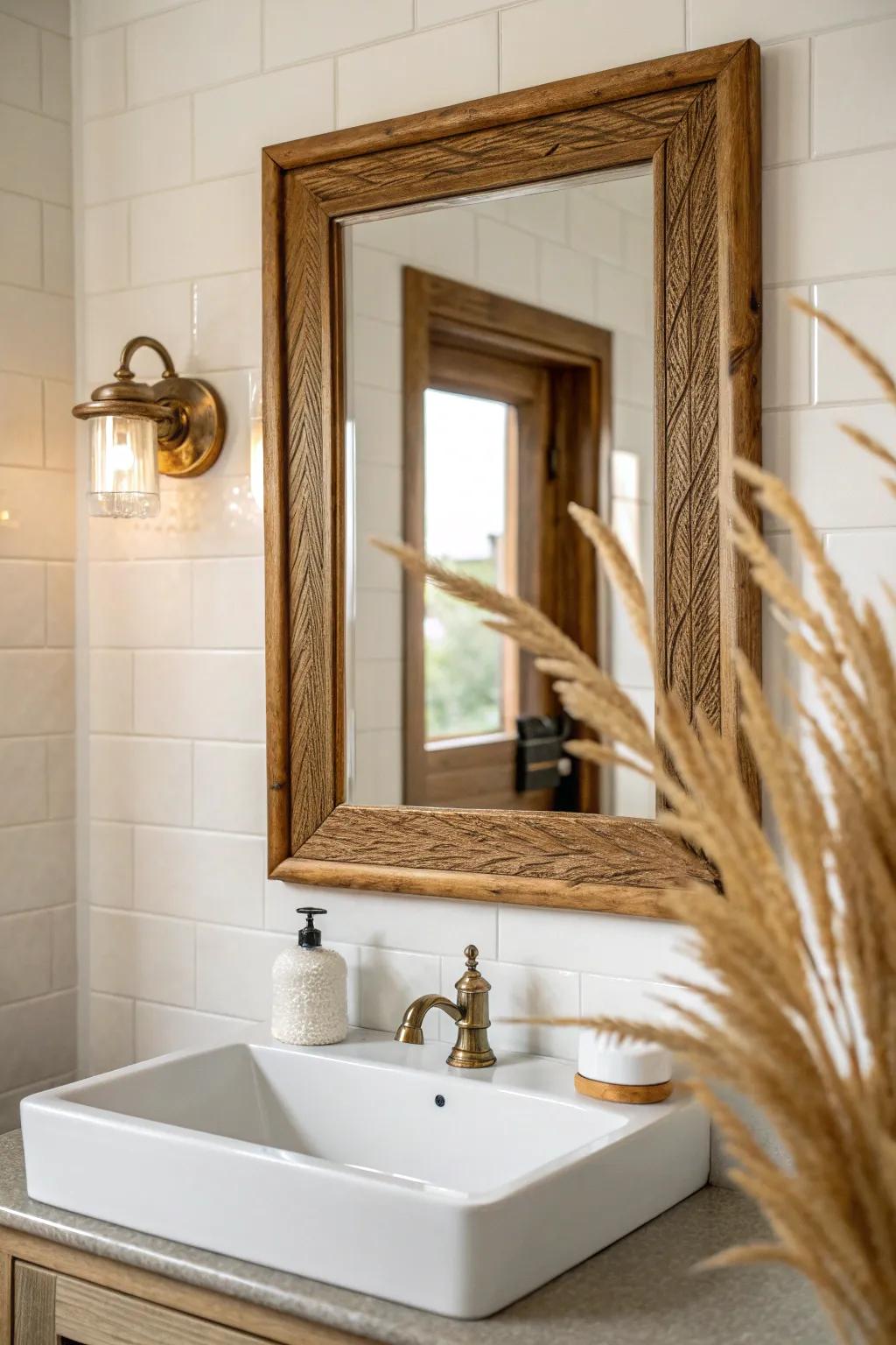 A warm wood frame turns a small traditional bathroom mirror into a simple art moment.