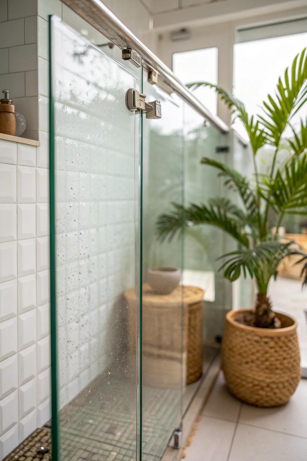 Frameless glass keeps a tiny tropical bathroom airy—wood and greenery stay beautifully visible.