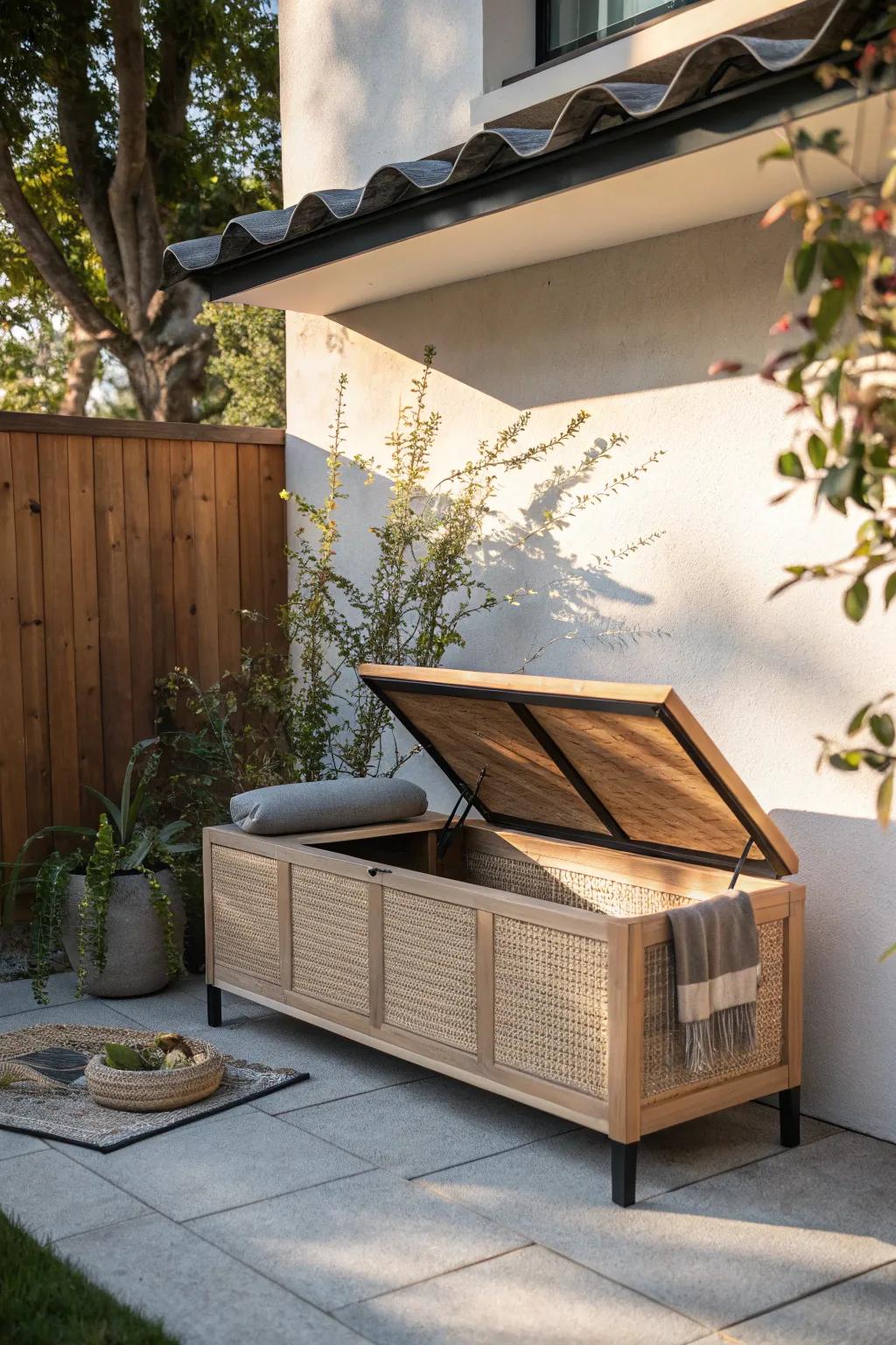 A slim storage bench that adds extra seating while hiding cushions and garden tools.