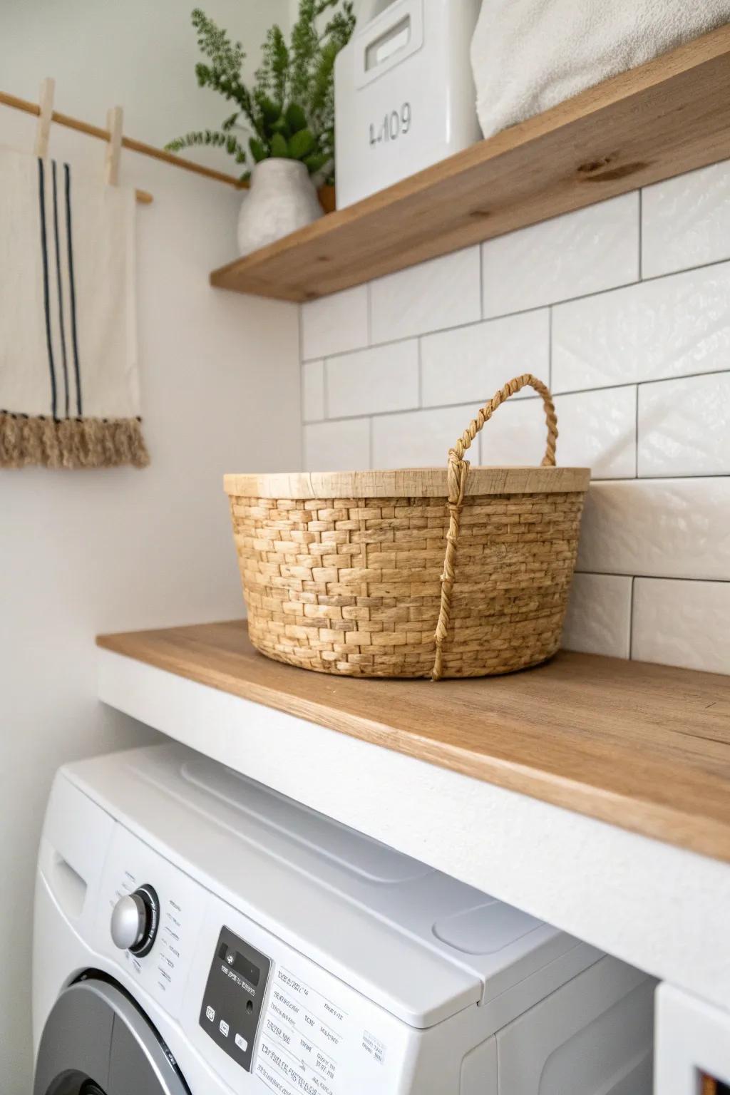 A floating shelf + woven basket brings calm, curated storage to the smallest utility room.