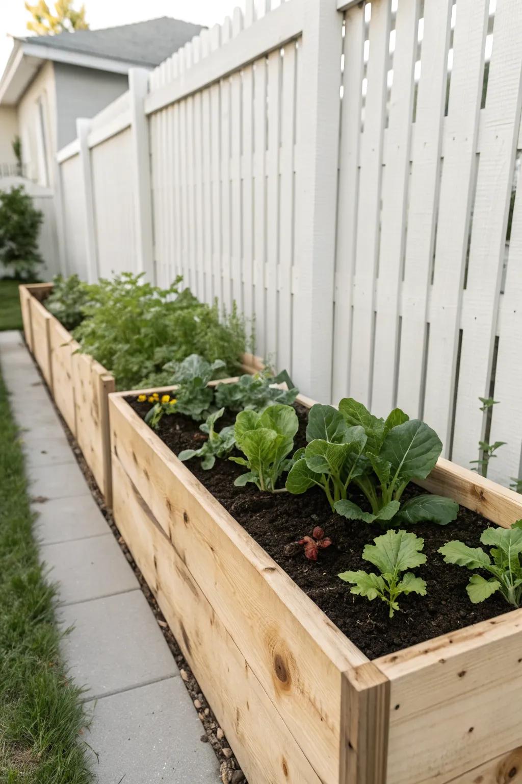 Perimeter raised beds along a fence keep the center open—tiny yard, big harvest potential.