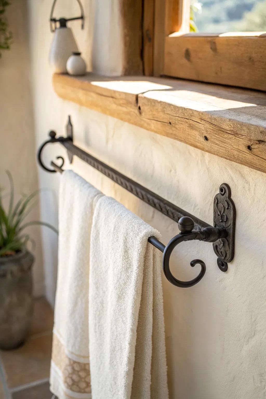 Matte black wrought iron hooks add western charm and save space in a tiny bathroom.