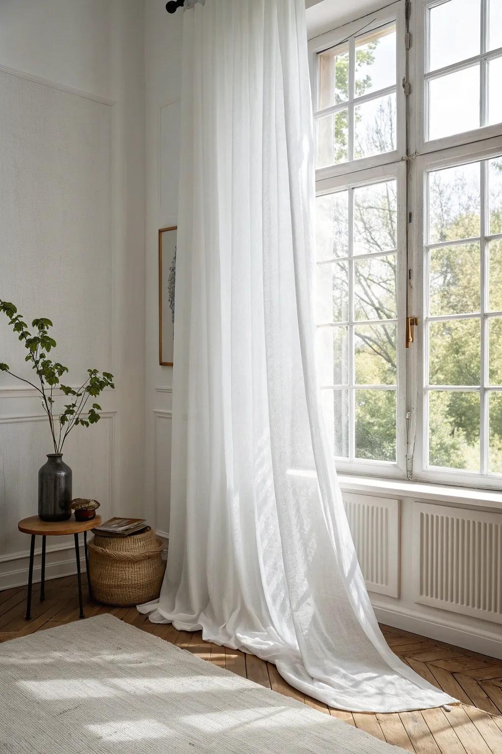Hang sheer curtains near the ceiling to stretch your windows and brighten a small white room.