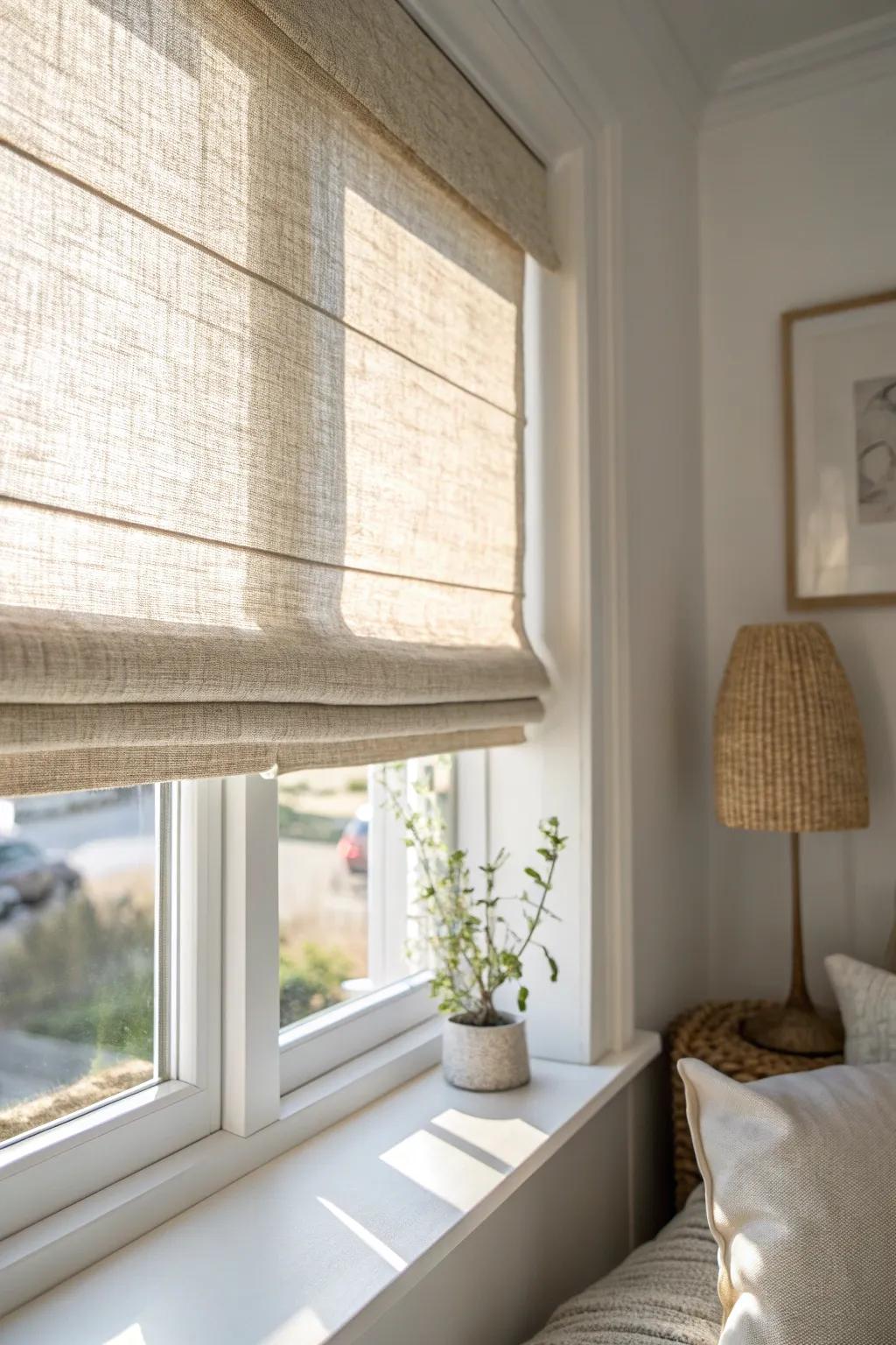 Light-filtering linen blinds that keep a small window bright while adding calm privacy.