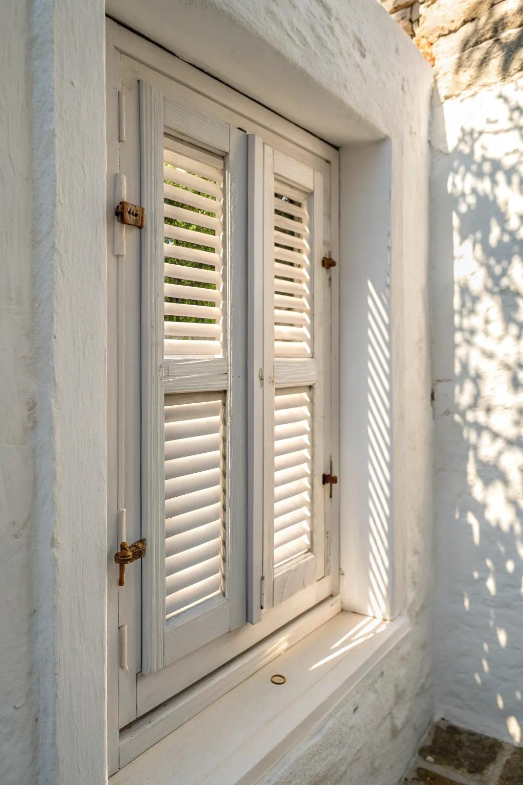 Interior shutters turn a tiny window into a crisp architectural feature—beautiful light control.
