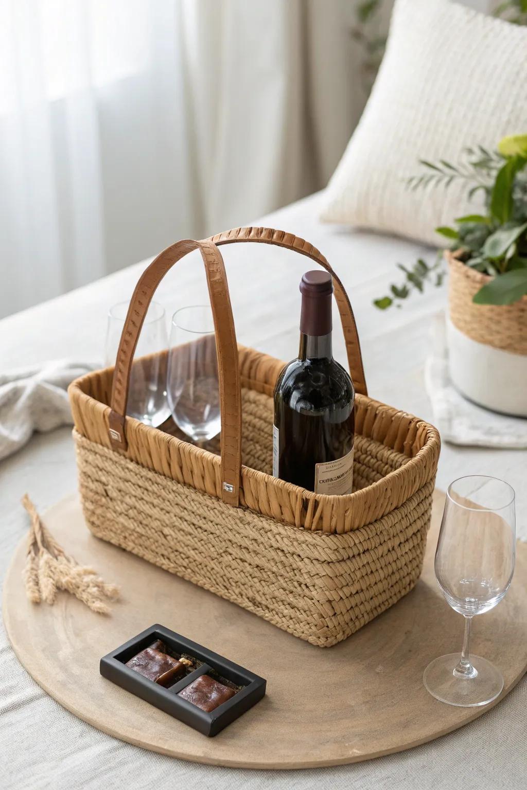 A petite woven wine basket with two stemless glasses—ideal for small-space hosting.