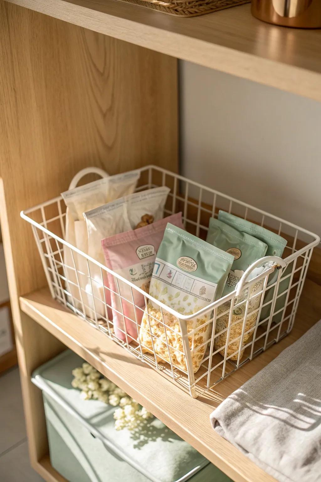Airy wire baskets keep chips and popcorn uncrushed—easy grab-and-refill pantry organization.