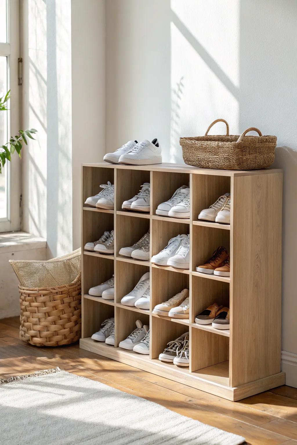 A cube organizer sneaker grid turns every pair into tidy, decor-worthy “parking spots.”