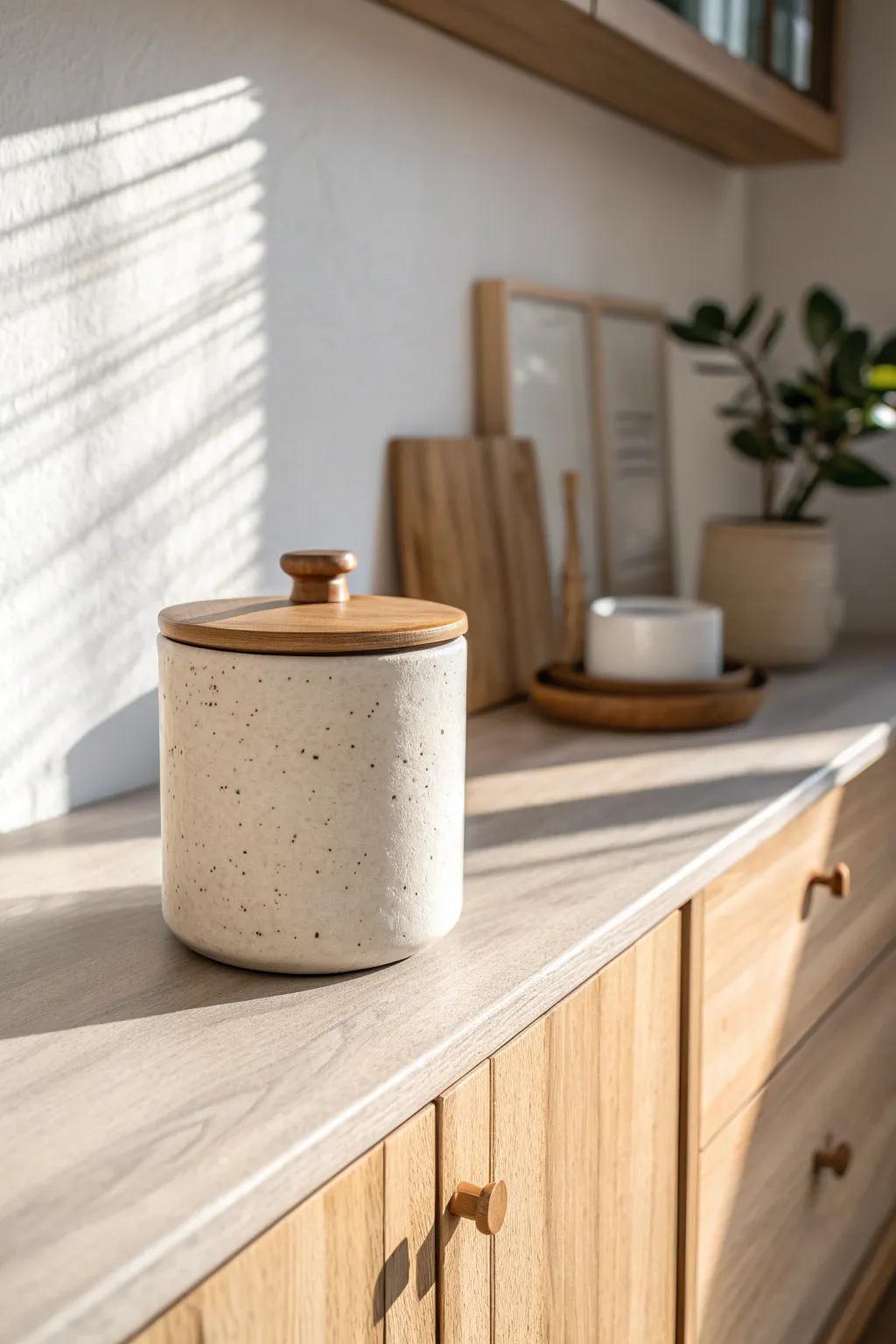 Store pantry backups above cabinets in a chic lidded canister—no dust, no crumbs.