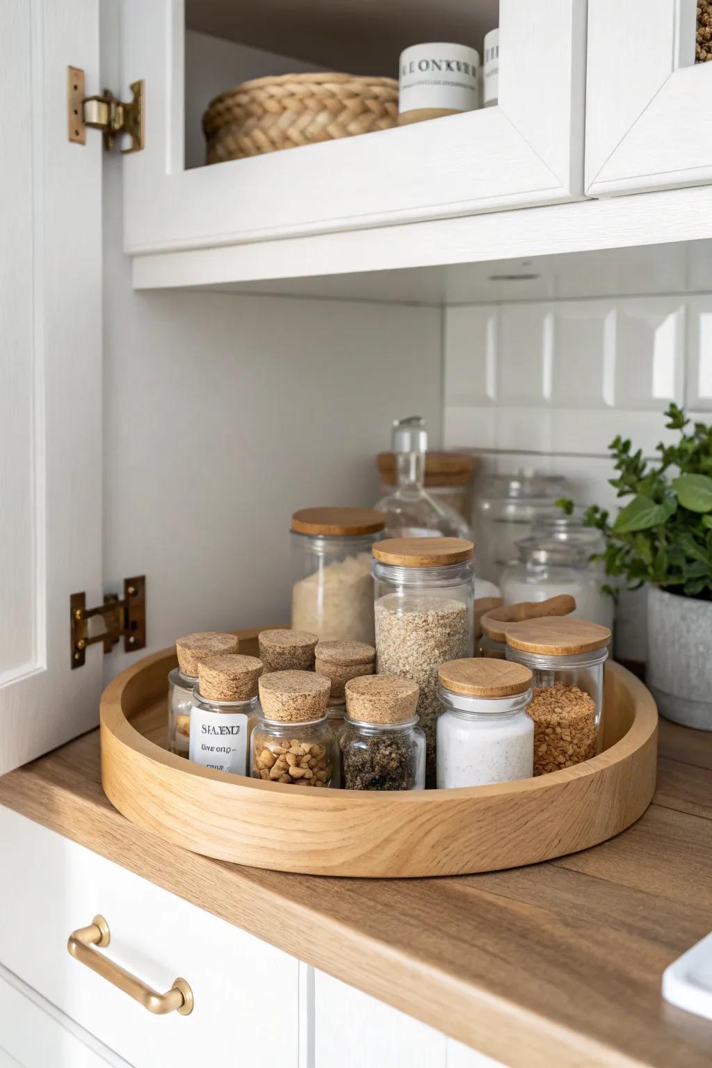 A simple lazy Susan keeps everyday spices visible and within reach in deep cabinets.