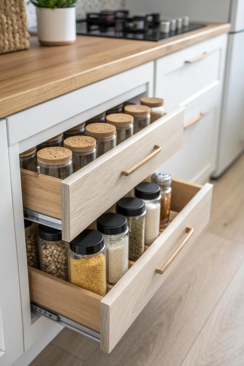 A slim pull-out spice drawer turns one lower cabinet into an easy, grab-and-go pantry.