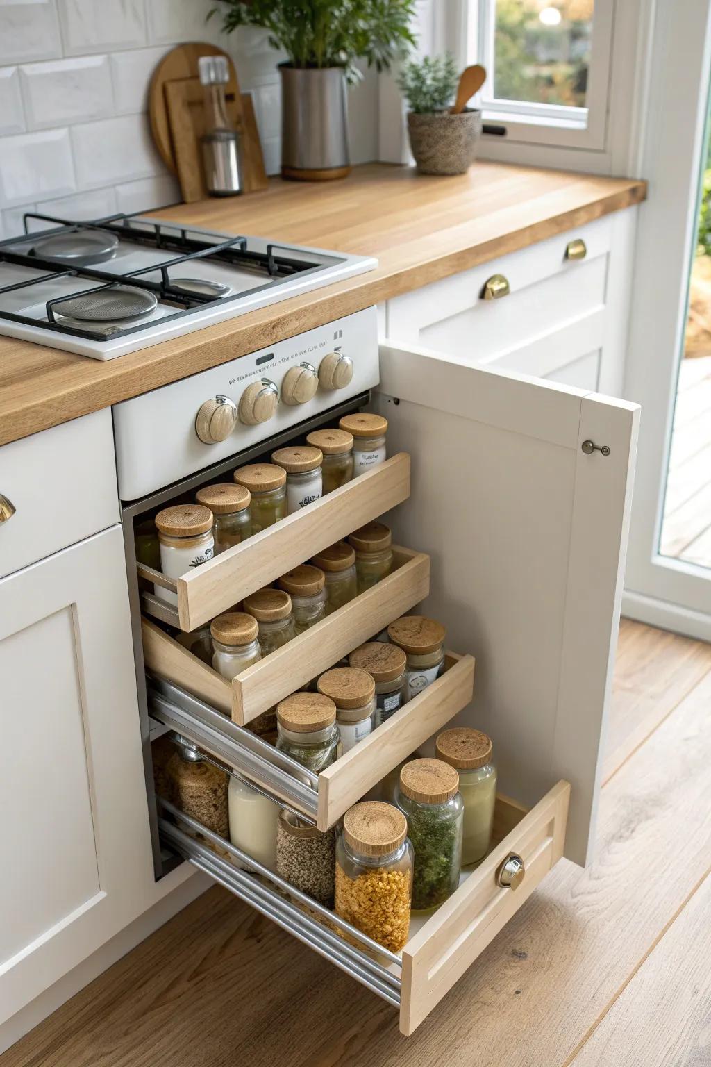 Turn that tiny stove-side gap into a sleek pull-out spice tower with room for every jar.