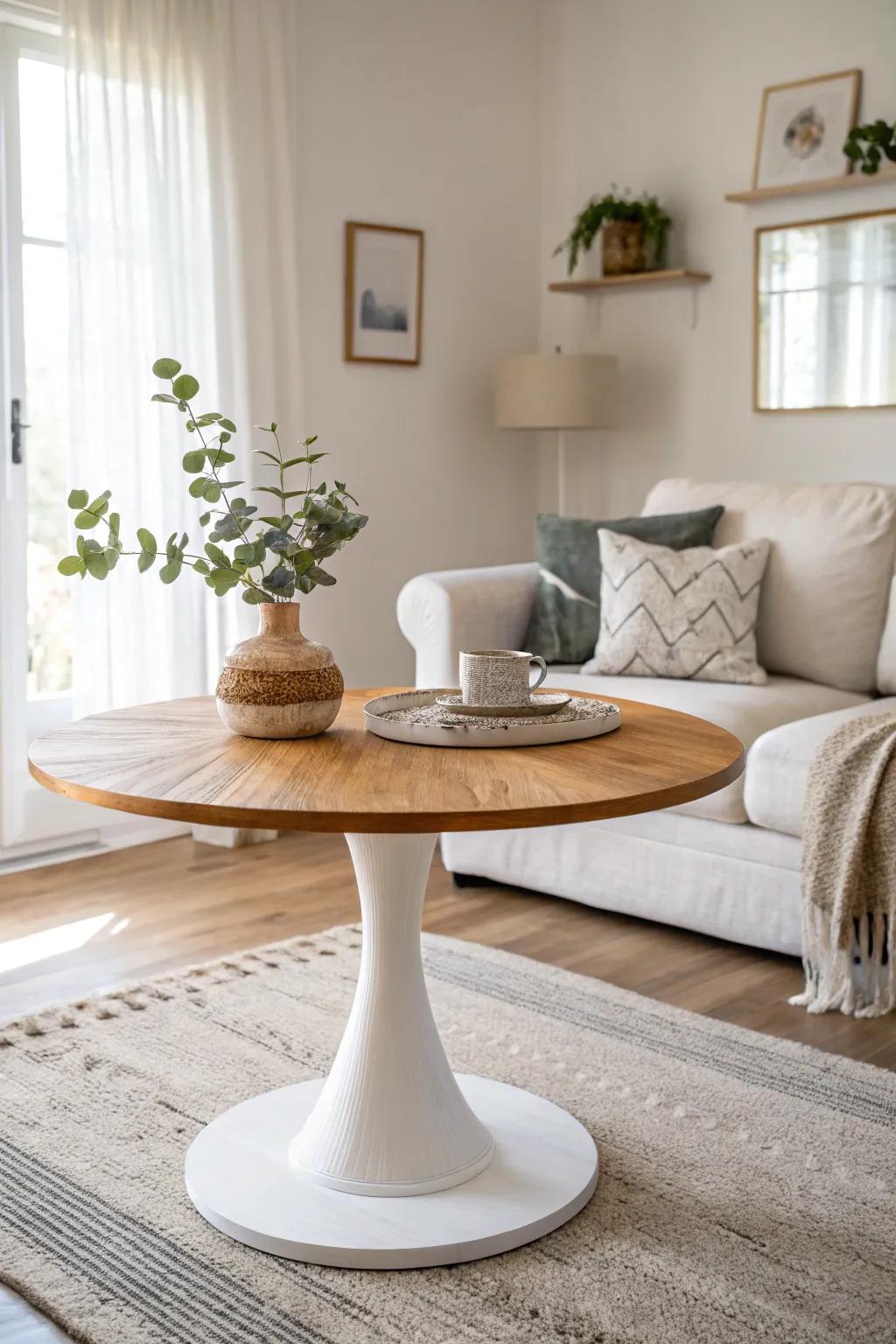 A round coffee table softens a square living room and makes pathways feel effortless.