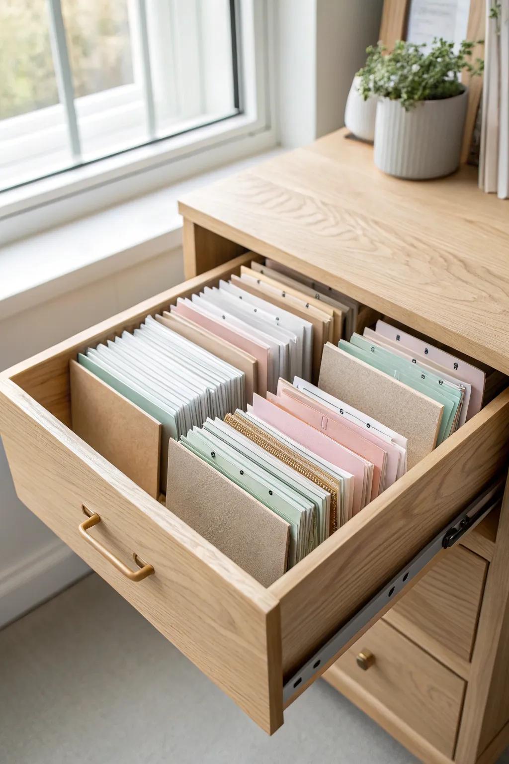 Store sticker sheets upright in a shallow drawer—DIY dividers keep corners crisp and neat.