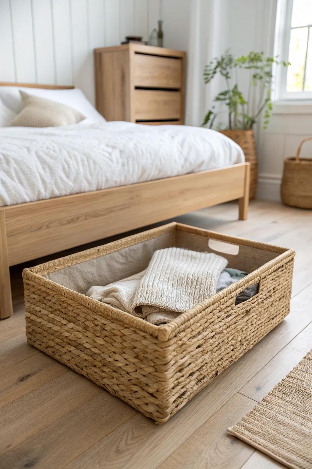 Low-profile under-bed bin that hides bulky sweaters and spare bedding—beautifully and neatly.