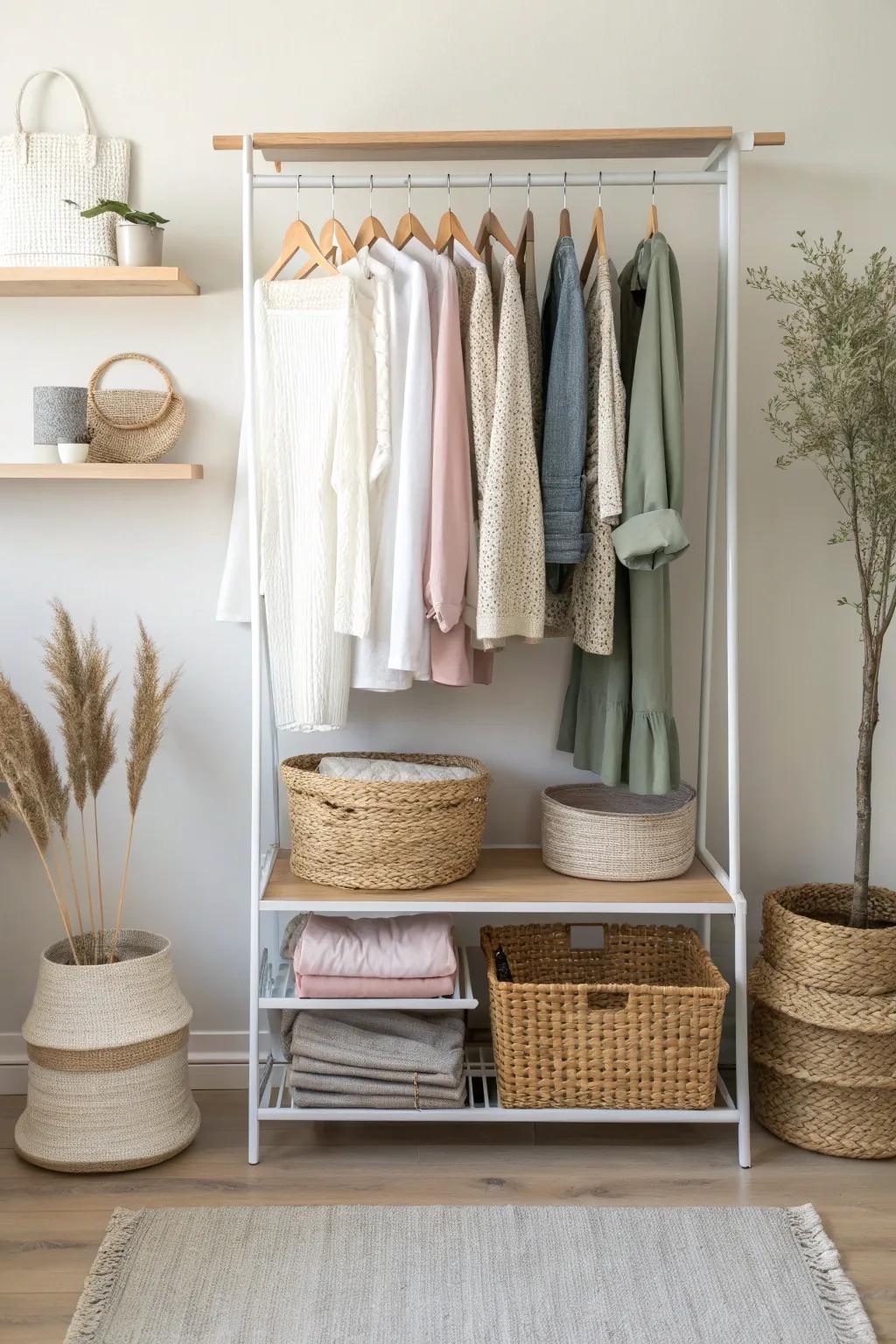 Try an open closet wall: matching hangers and woven bins keep a tiny bedroom looking airy.
