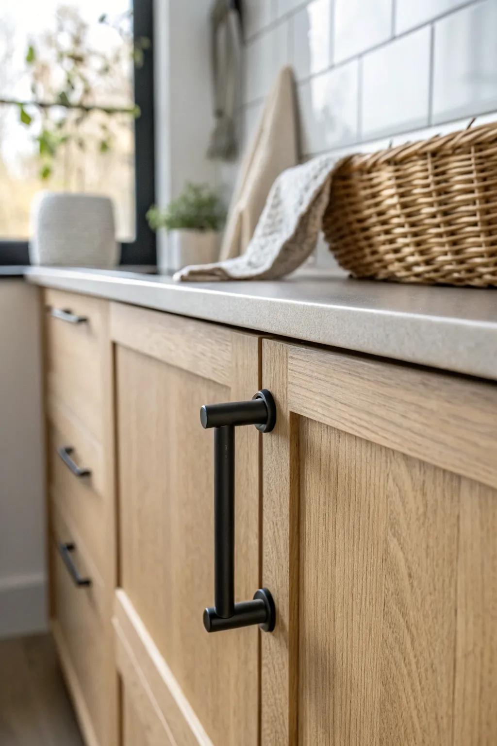 One matte-black finish on every handle makes a small studio feel cohesive and designed.