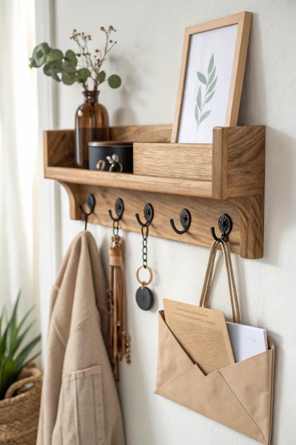 A tiny entryway command center: hooks, slim shelf, and a tray to catch keys and mail.