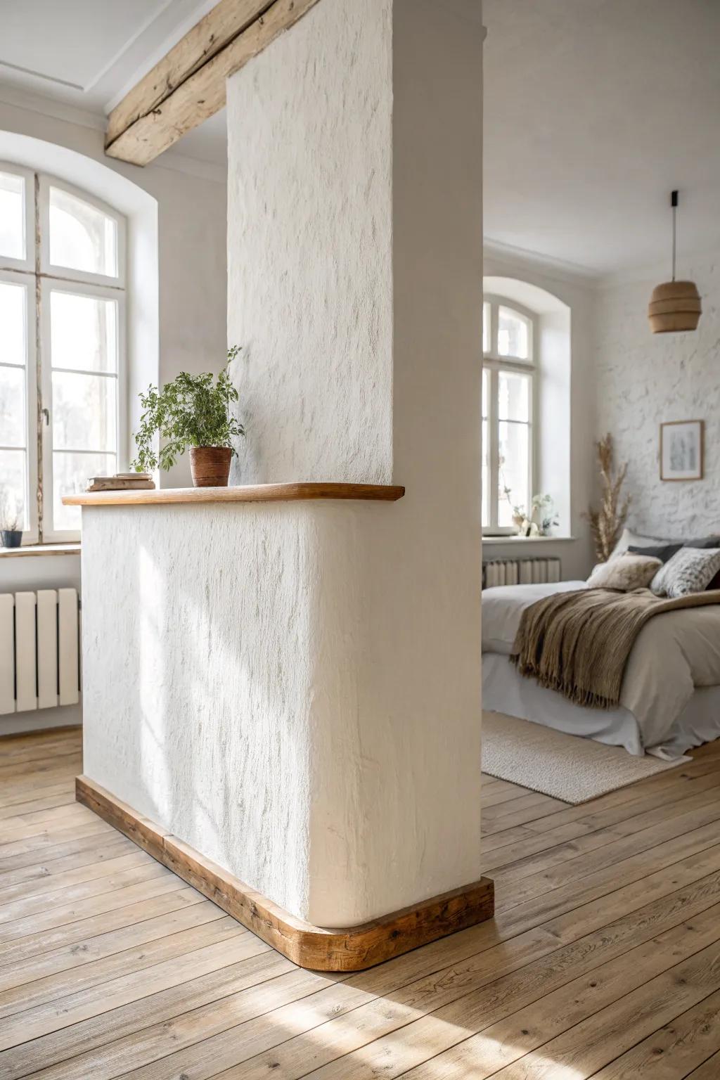 A low half-wall divider creates a light-filled sleep nook that feels like a tiny bedroom.