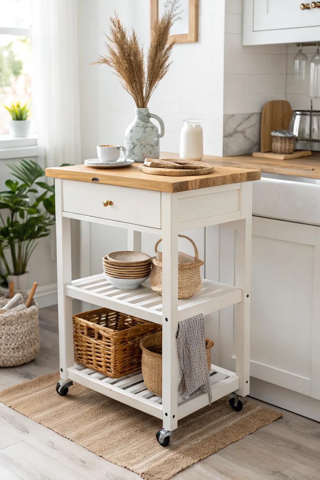 A slim rolling cart adds island-style prep space and storage—then tucks away in seconds.