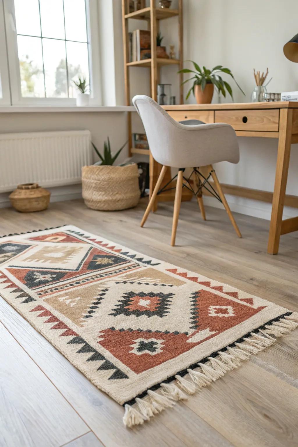 A petite low-pile rug zones a living-room study nook—instantly creating a mini “focus room.”