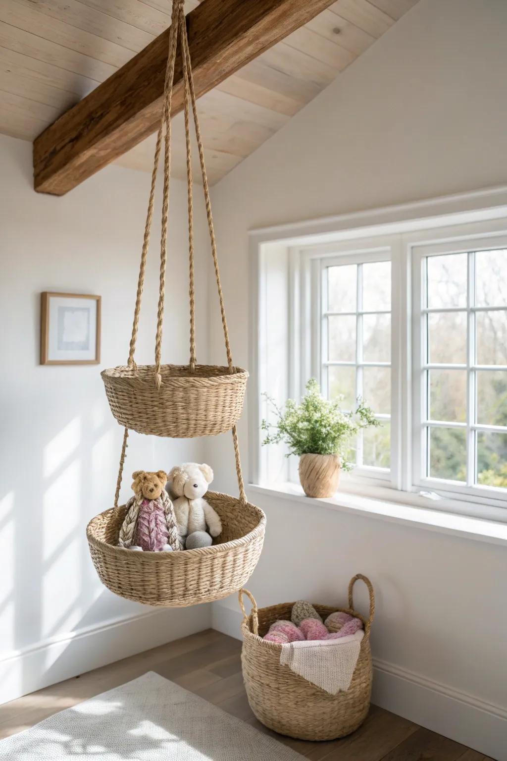 A woven ceiling basket cluster that stores plushies beautifully while saving precious floor space.
