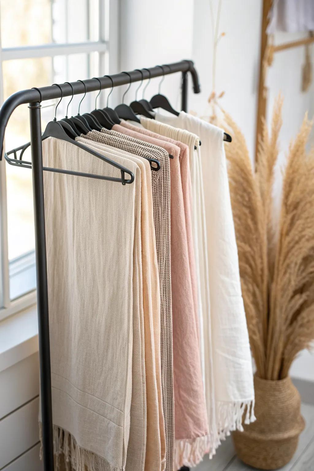 Double your closet space: store tablecloths neatly on a multi-bar hanger—calm and compact.