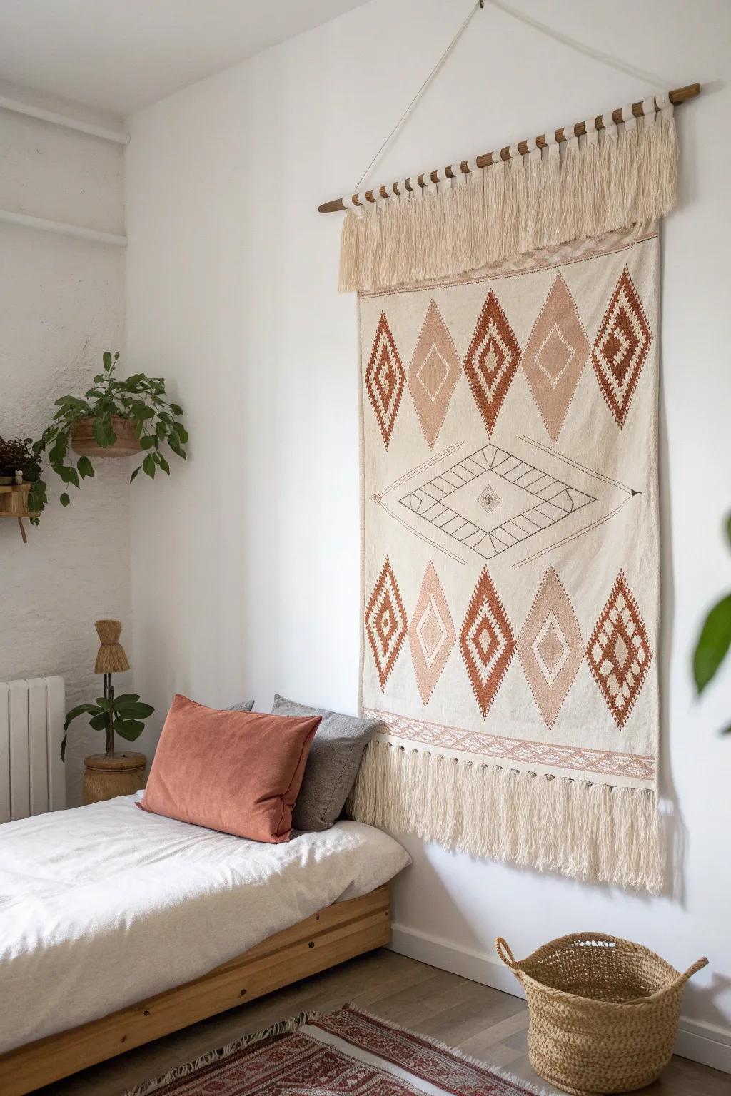 Instant rental refresh: one woven tapestry hides scuffs and patchy drywall in minutes.