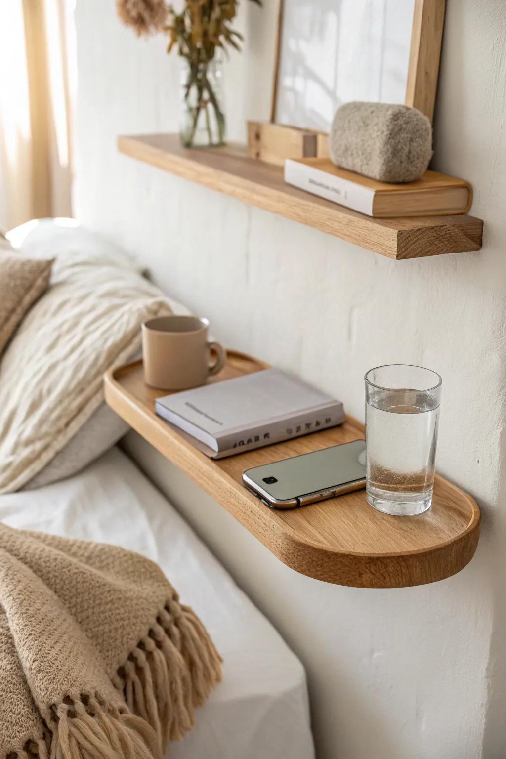 Ditch the nightstand—add a slim wall shelf for phone, water, and a book in tiny rooms.