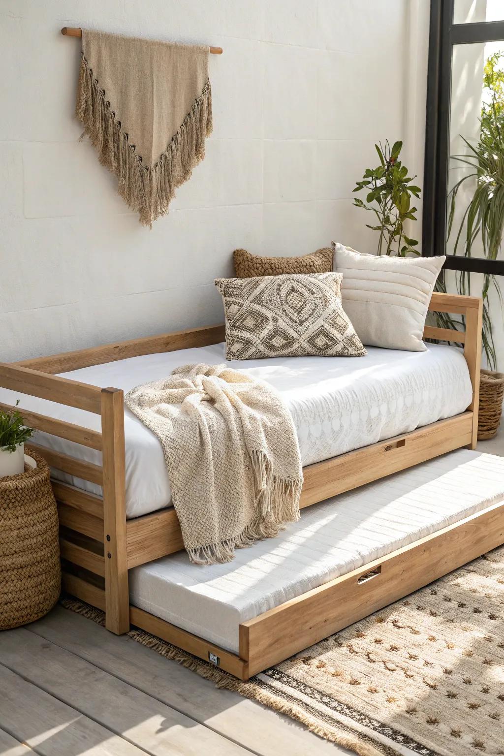 A trundle under a daybed: a hidden guest bed that rolls out styled and intentional.