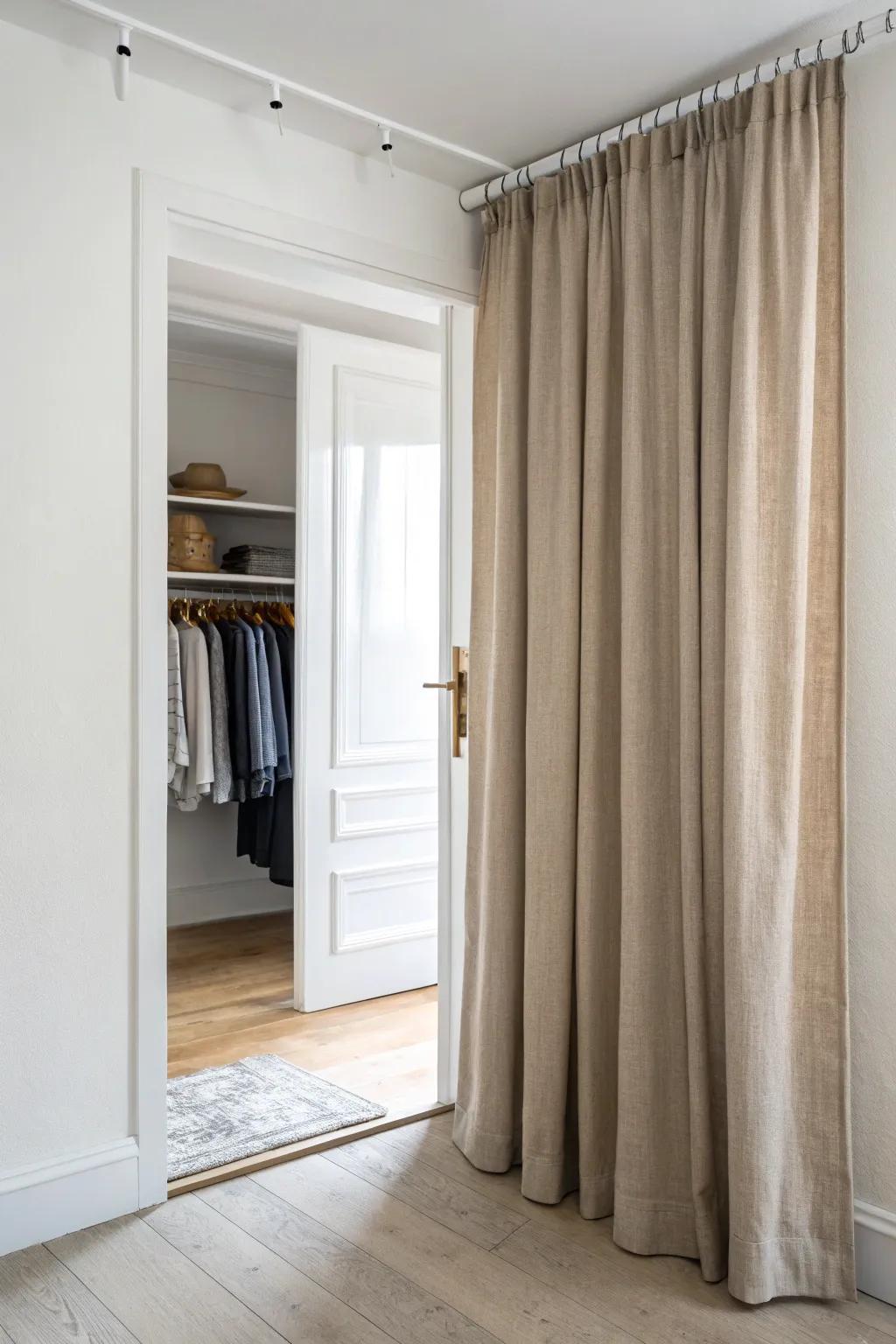 Replace flimsy closet doors with a linen curtain on a tension rod—soft, simple, space-saving.