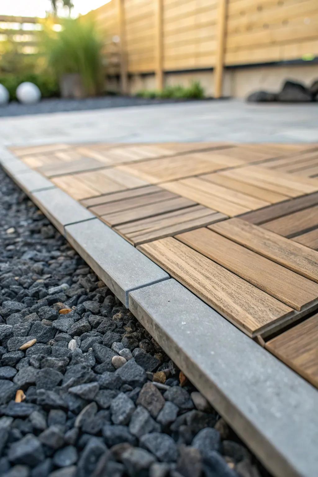 Deck tiles meeting gravel: an easy way to zone your terrace garden—and keep dirt outside.