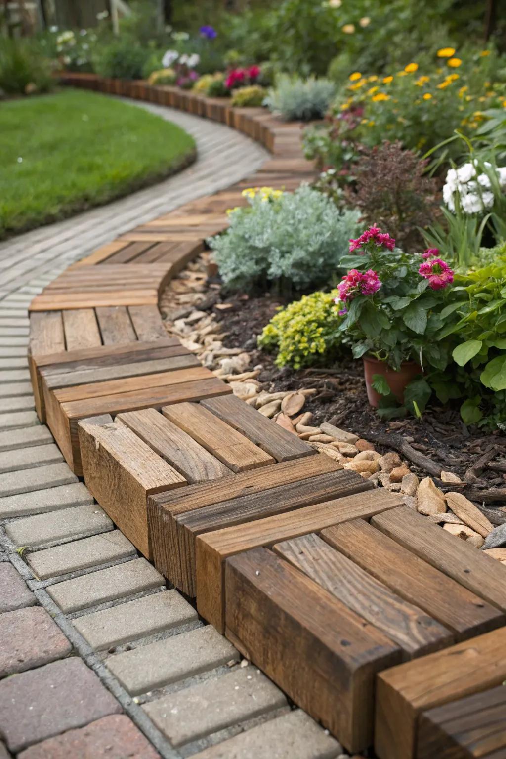 Elevate your garden with the rustic charm of decking offcuts as decorative edging.