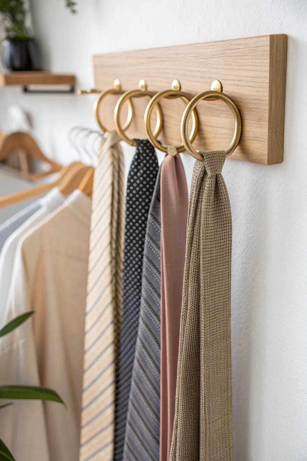 A ring-style hanger keeps ties separated so you can flip through patterns in seconds.