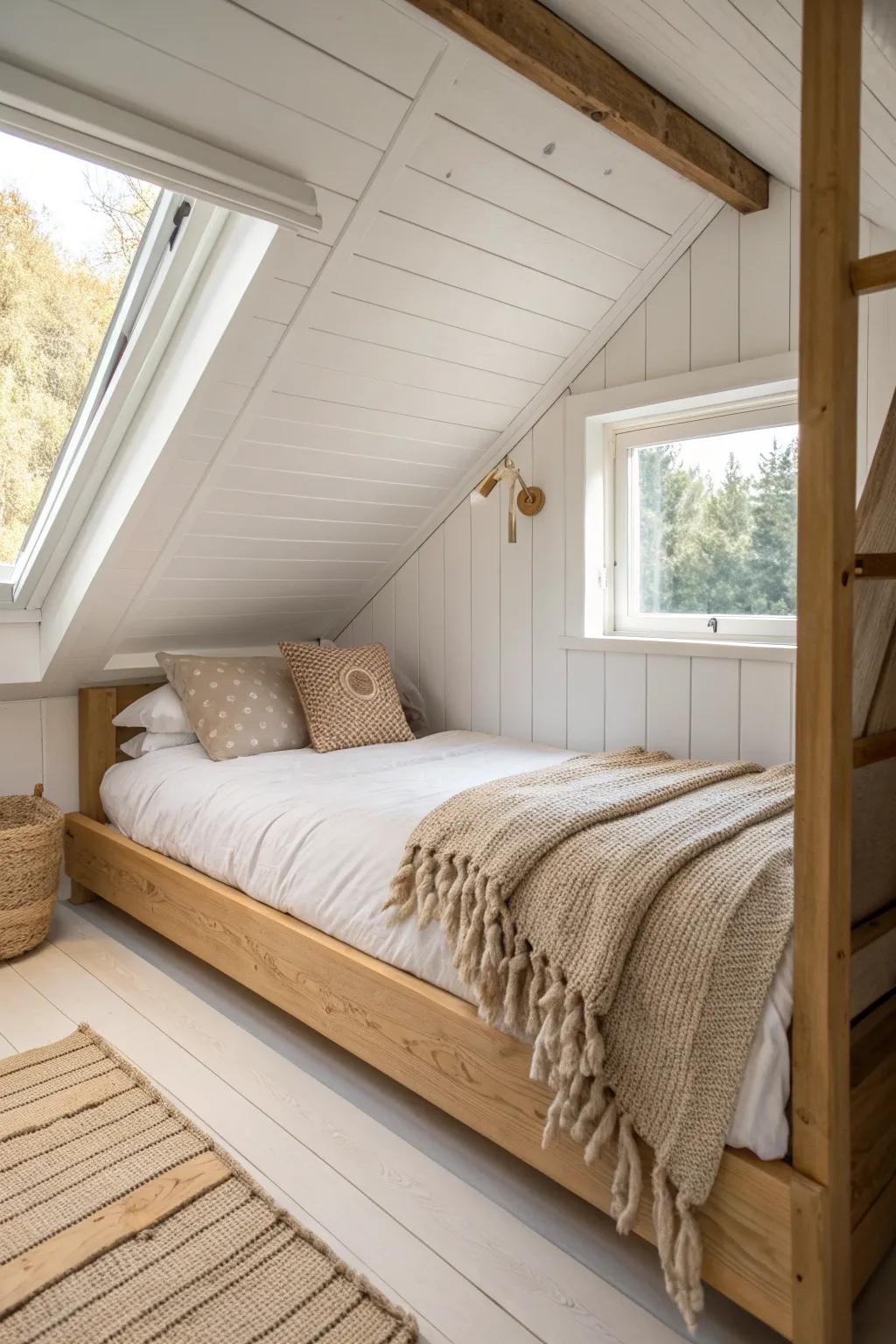 Low loft bed under a sloped ceiling: the prettiest way to use awkward height in a tiny home.