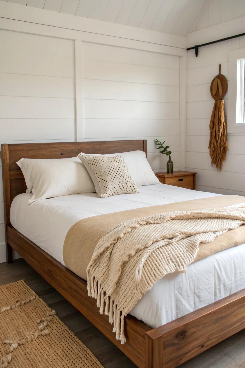 Light, soft linens and warm wood make a tiny bedroom feel airy, calm, and cozy today.